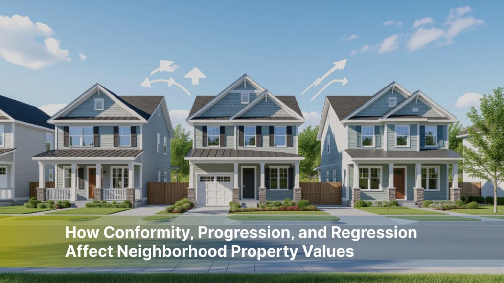 Neighborhood homes illustrating real estate conformity and property value trends.