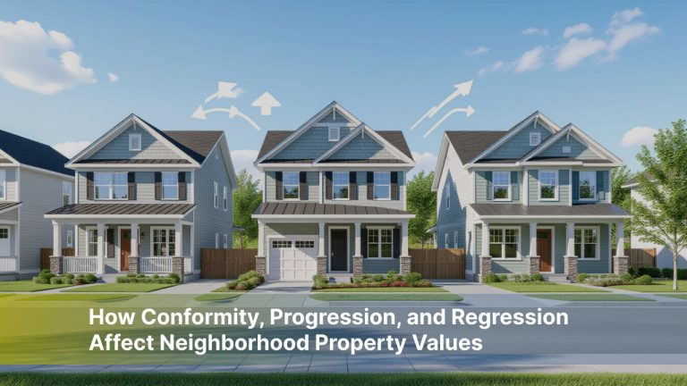 Neighborhood homes illustrating real estate conformity and property value trends.