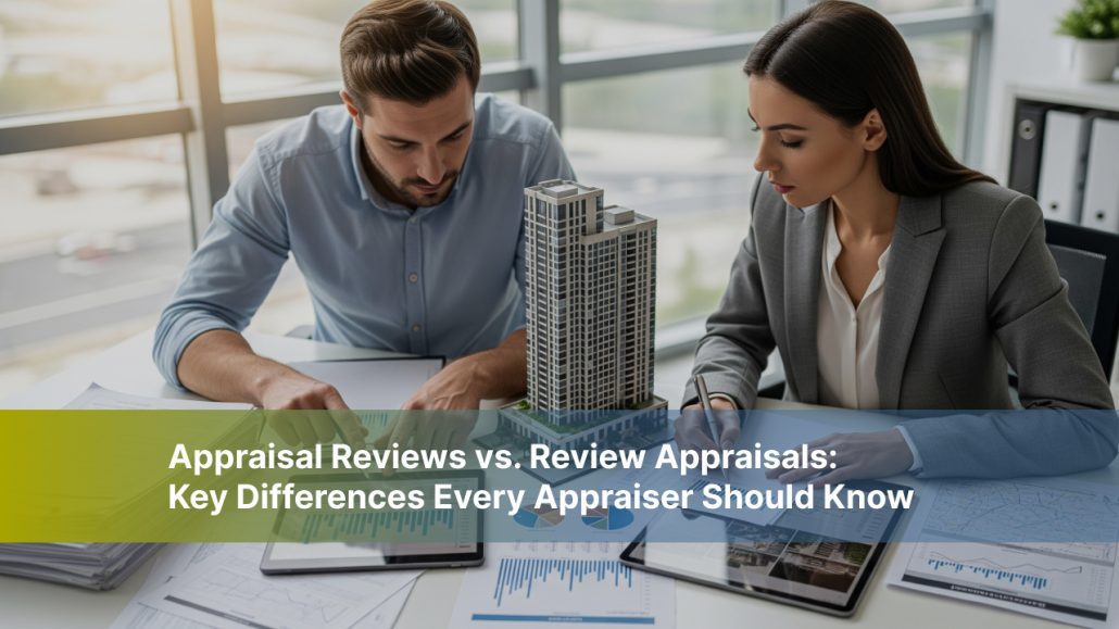 An appraiser reviewing a property value report at their desk.
